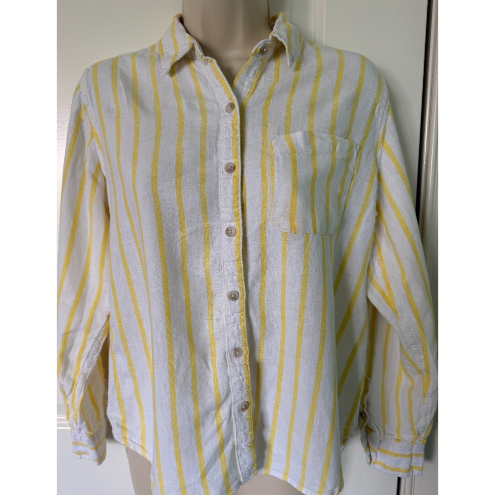 Universal Thread Women's Sm White & Yellow Striped Linen-Blend Relaxed Fit Shirt